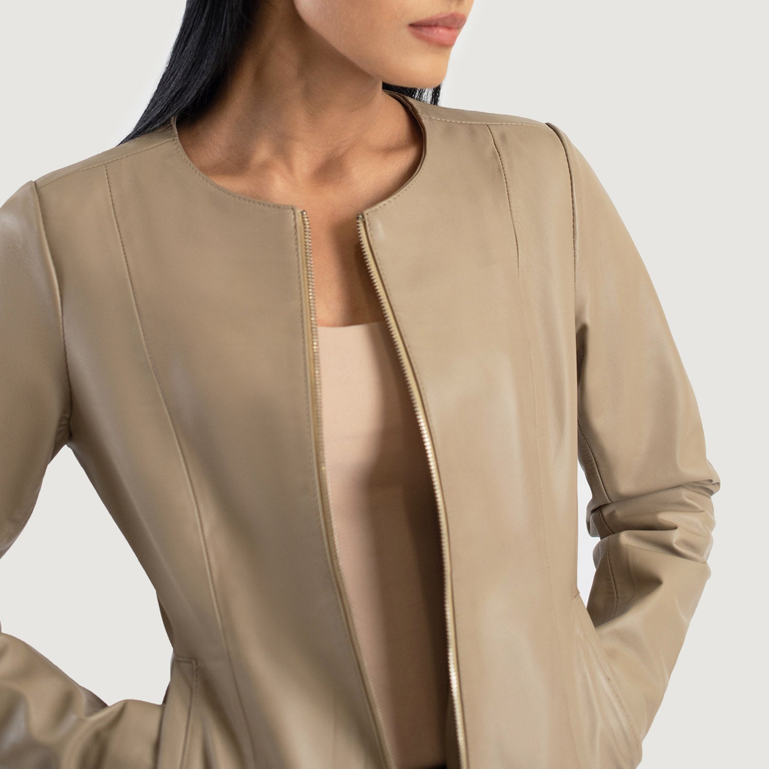 Women's Elixir Beige Collarless Leather Jacket – The Jacket Maker