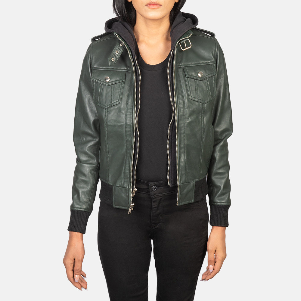 Women's Roslyn Green Hooded Leather Bomber Jacket – The Jacket Maker